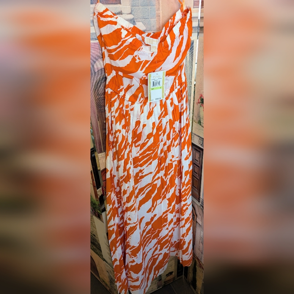 Michael Kors Orange & White Strapless Maxi Dress